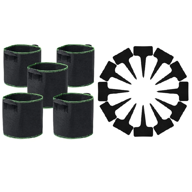 

5-Pack Grow Bags Aeration Fabric Pots Container With Plant Label T-Shaped Label Plant Sign Garden Flower Pot Mark