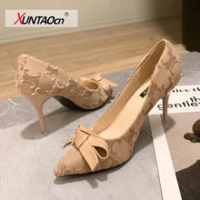 

women fashion black bow tie high quality slip on party stiletto ladies casual beige high heel shoes for office