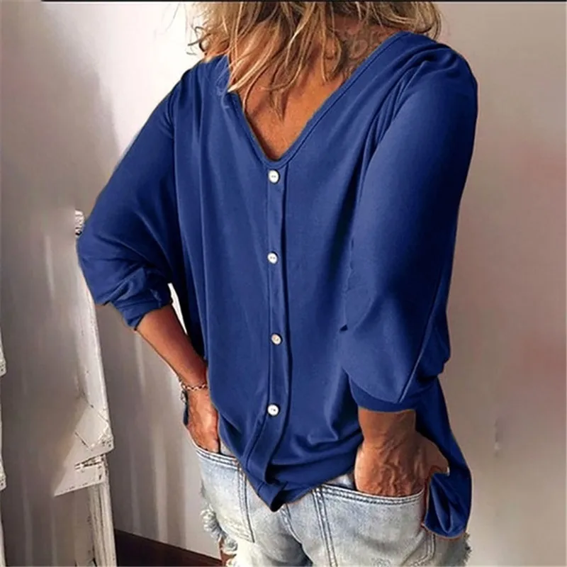 navy blue Taniafa/осенне-зимняя модная женская футболка с длинными рукавами большого размера, свободная рубашка с пуговицами, Женские однотонные хлопковые топы - Цвет: navy blue