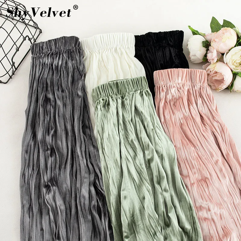 Осенне-зимние Бархатные гофрированные длинные юбки, Женская эластичная юбка макси с высокой талией, корейский стиль, элегантная женская юбка-пачка, тонкая серая, розовая
