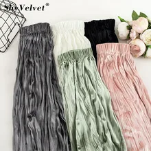 Осенне-зимние Бархатные гофрированные длинные юбки, Женская эластичная юбка макси с высокой талией, корейский стиль, элегантная женская юбка-пачка, тонкая серая, розовая
