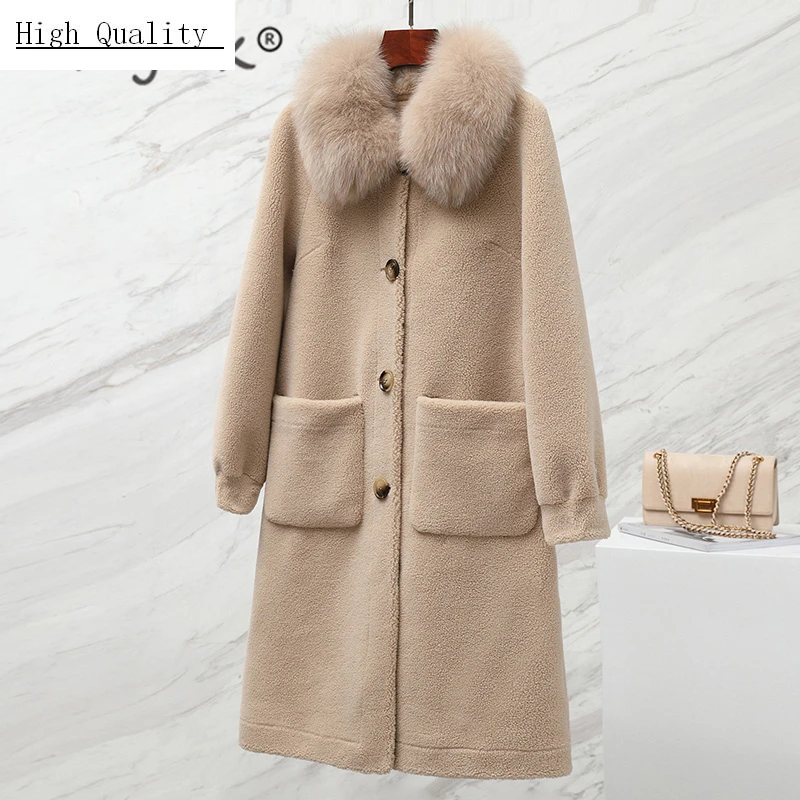 

Real Fur Coat Female Vintage Winter Women Jacket + Fox Fur Collar 2020 Korean Warm Elegant Long Wool Coats Hiver 19C3180