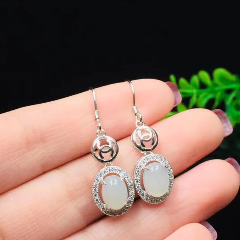 Unique 925 Sterling Silver Natural Hetian White Jade Drop Earrings Lucky Hook Fine Jewelry For Women Brincoss