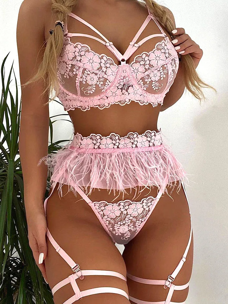 Dvicky Sexy Underwear Floral Lace Feather Skirt Bondage Bra and Panty Female Breves Sets Cute Transparent Sensual Lingerie Woman underwear set