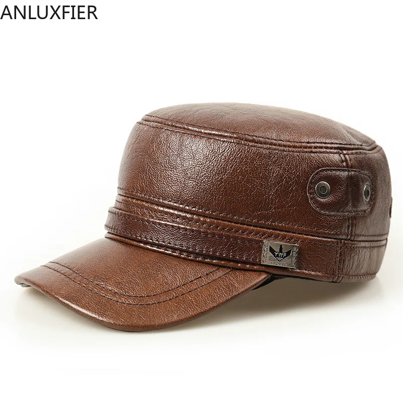 H6920 Fall Winter Genuine Leather Hat Men's Leisure Flat Top Visor Cap