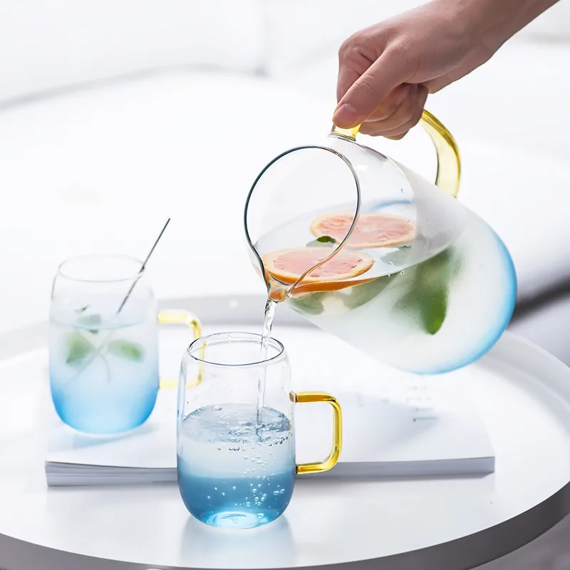 JINYOUJIA-Nordic Style Heat Resistant Glass Kettle Set, Water Juice Jug, Gradient Blue Color, Food Grade Silicone Lid