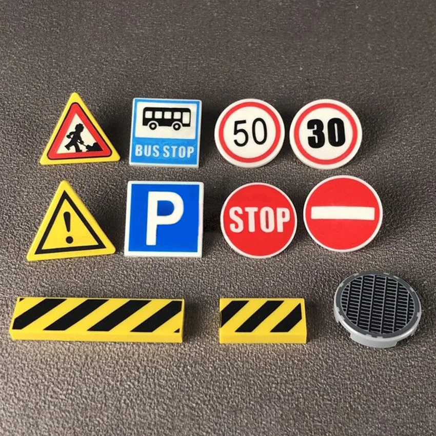  10Pcsset DIY Street Road Traffic Warning Sign Building Blocks Legoingly City Street MOC Baseplate Accessories Bricks Kids Toys (6)