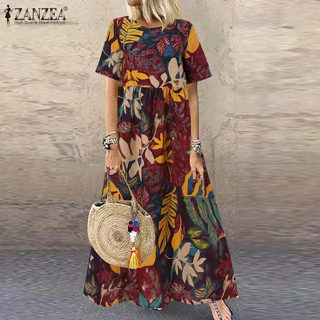 ZANZEA Fashion Summer Maxi Dress Women's Printed Sundress Casual Short Sleeve Vestidos Female High Waist Robe Femme A3 Red Cotton