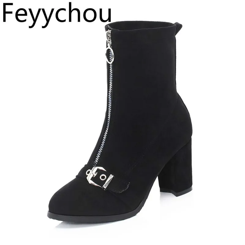 

Women Boots Autumn Winter High Heel Warm Flock Round Toe Toe Zip Mid-Calf Chelsea Martin Thick Heel 2019 New Sexy Fashion Black