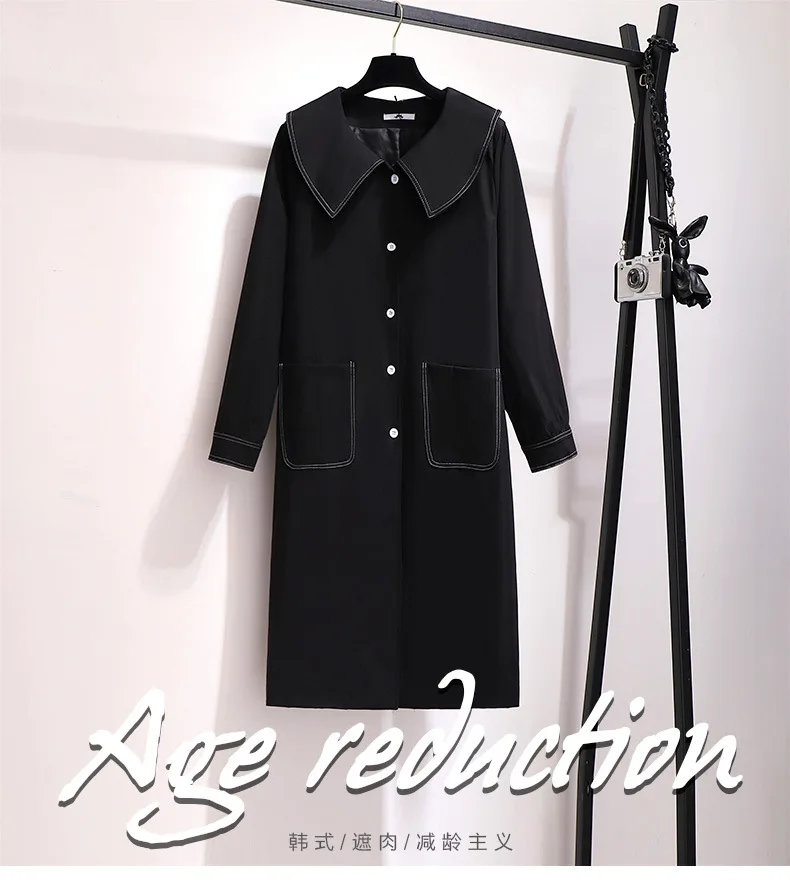 Осенне-зимнее пальто размера плюс для женщин, большие повседневные свободные прямые длинные пальто с карманами, черный Тренч 3XL 4XL 5XL 6XL 7XL