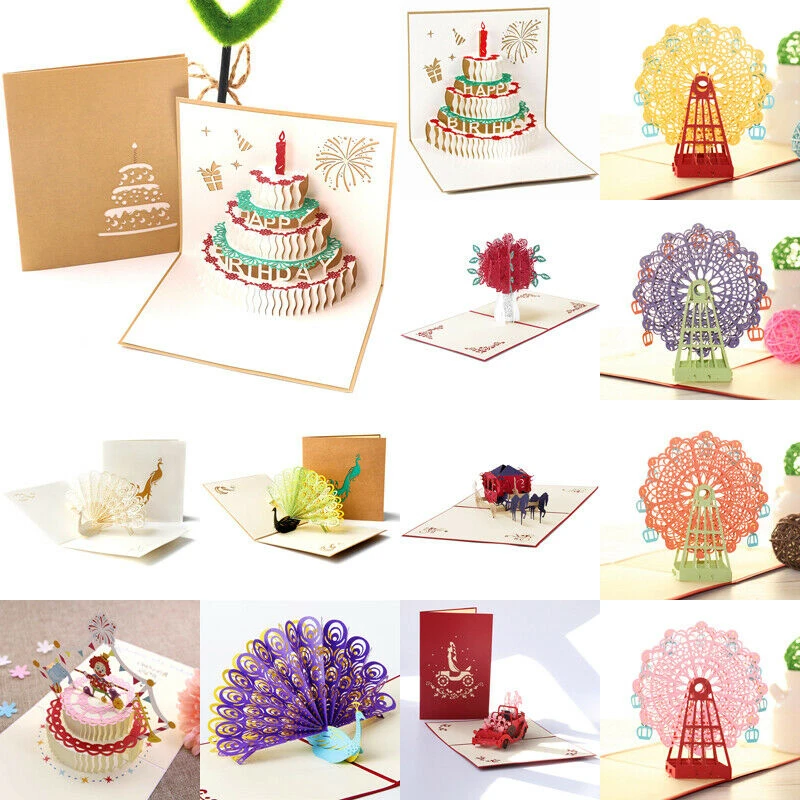 3D Pop UP Cards Birthday Card Cake Greeting Postcards Stickers Kids Girls Gifts