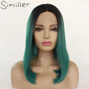 

Similler Black T Green Brown Ombre Short Straight Bob Synthetic Lace Front Wig For Women Heat Resistance Middle Part 16inch