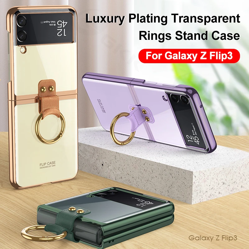 GKK Luxury Transparent Plating Case Cover For Samsung Galaxy Z Flip 3 5G Case Ring Stand Hard Phone Cover For Galaxy Z Flip3 5G case for galaxy z flip3