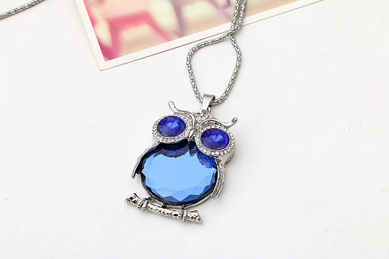 Women 12 Colors Glass Crystal Rhinestone Drop Silver Color Chain Owl Necklace Pendant Women Jewelry Statement Bijouterie Gifts