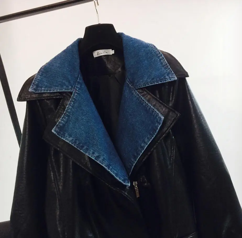 2019 Женская куртка из искусственной кожи, модное лоскутное кожаное пальто, короткая мотоциклетная куртка-бомбер из искусственной кожи