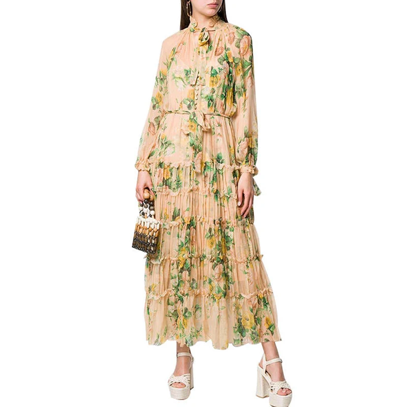 

Autumn Designer Blouse Print Woman Maxi Dress Long Sleeve High Waist Ruffles Lace Up Lining Two Piece Dress Elegant Vestidos