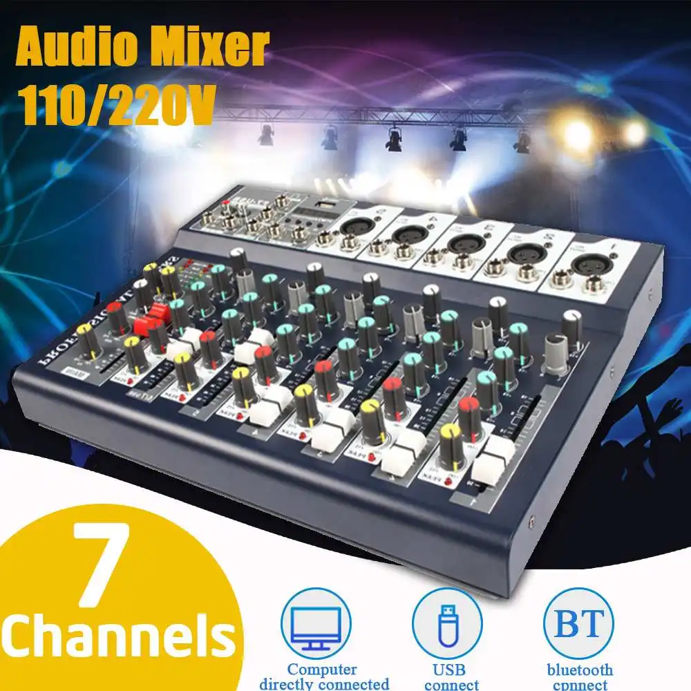 

110V/220V 7 Channel bluetooth Audio Mixer Digital Microphone Sound Mixer Console Professional USB Karaoke Audio Mixer Amplifier