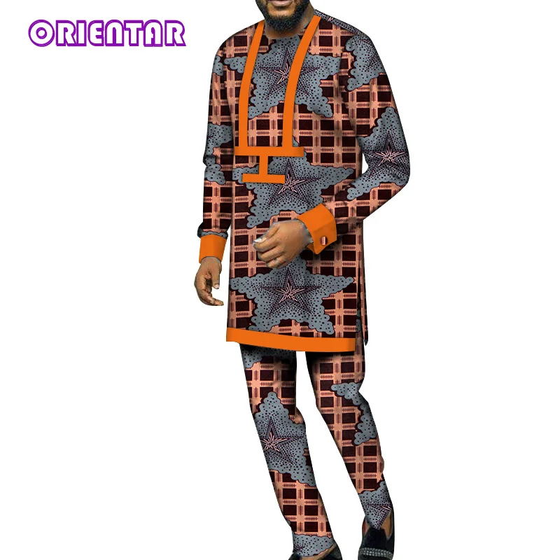 Комплект из 2 предметов, африканская Мужская одежда, африканская рубашка и брюки, комплект для мужчин, с длинными рукавами, Дашики Базен, Riche, африканские костюмы, WYN991