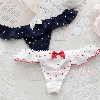 

3 Colors Sexy Lovely Bow Ruffles Panties T-back Japanese Style Sexy Sweet Love Wave point Thong Briefs Underwear