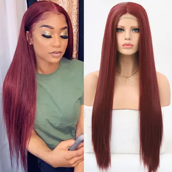 

Bombshell Burgundy Dark Wine Red Straight Synthetic 13*3 Lace Front Wig Heat Resistant Fiber Hair Middle Parting For Women Wigs