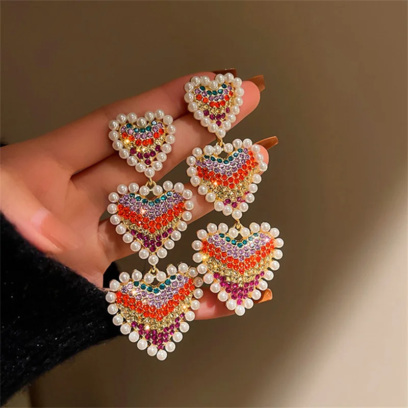 FYUAN Sweet Pearl Love Heart Earrings Ladys Colorful Rhinestone Dangle Earrings for Women Jewelry Gifts