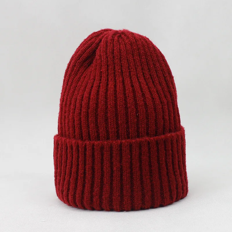 New Winter Solid Color Wool Knit Beanie Women Fashion Casual Hat Warm Female Soft Thicken Hedging Cap Slouchy Bonnet Ski - Цвет: Бургундия