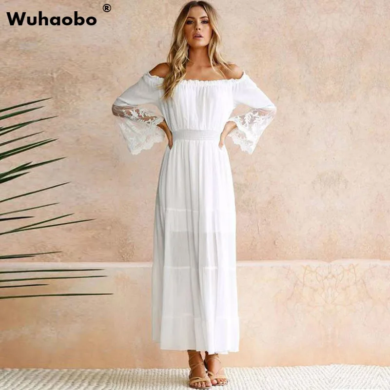 Женский Длинный Сарафан Wuhaobo белое пляжное платье без бретелек с длинным рукавом