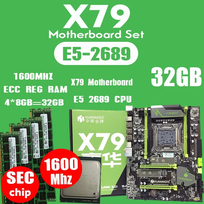 HOT-HUANANZHI X79 материнская плата LGA2011 ATX Combos E5 2689 cpu 4 шт. X 8 ГБ = 32 ГБ DDR3 ram 1600 МГц PC3 12800R PCI-E NVME M.2 SSD