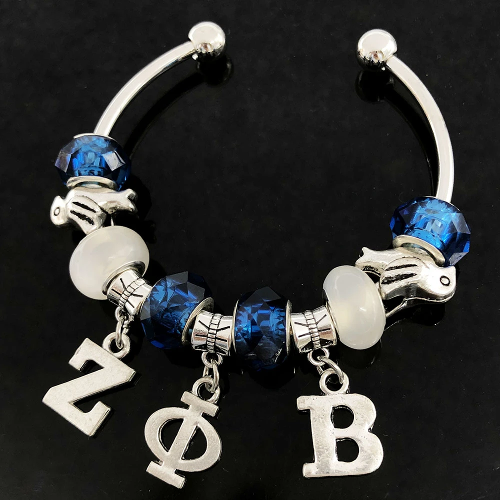 Joyería hecha a mano con cuentas europeas azules y blancas de la sororidad griega ZPB, brazalete abierto, para mujer|Brazaletes| - AliExpress