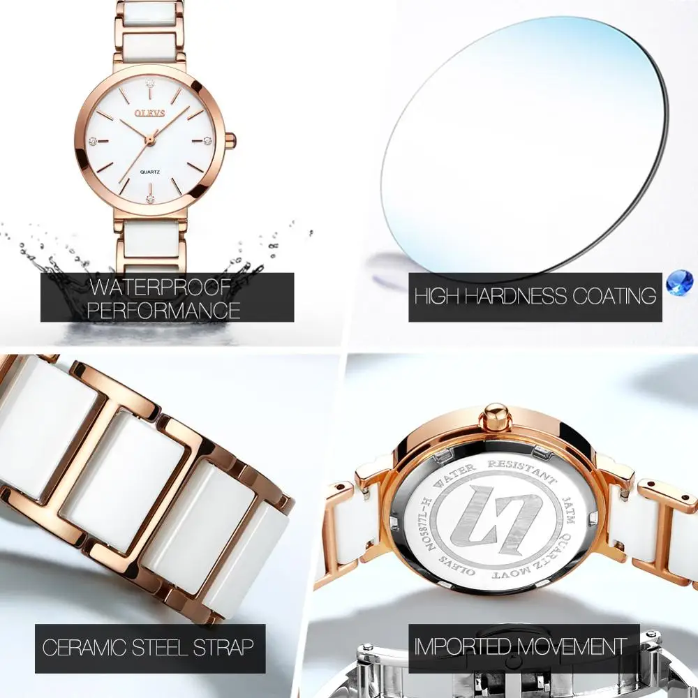 OLEVS Ceramics Watchstrap Quartz Women Watch Waterproof Luxury Brand Watch For Women Fashion Elegant Ladies Bracelet 5877 Women Electronic Watch