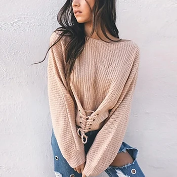 

Fadzeco Women Knitted Sweater Oversize Sexy Off Shoulder Batwing Sleeve Lace Up Pullovers Knitted Jumpers Tops