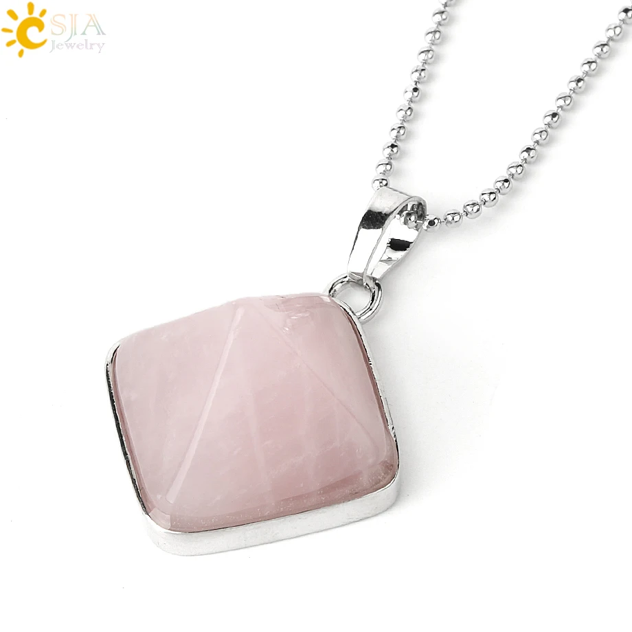 Rose Quartz Chain CSJA, подвески в виде пирамиды из натуральных камней, квадратные, рейки, фиолетовые, Кристальные, розовые, Кварцевые ожерелья для женщин и мужчин, модные, целебные ювелирные изделия G298 - Окраска металла: Rose Quartz Chain