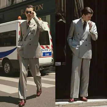 

Vintage Grey Double-Breasted Men's Suit Groomsmen Wedding Dress Prom Party Loose Tuxedo 2 pieces traje hombre costume homme