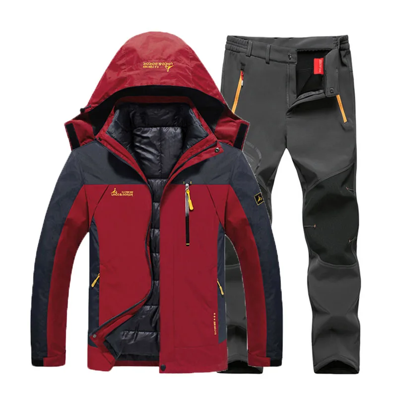 Red Gray set Мужские зимние водонепроницаемые рыболовные термо брюки размера плюс походные лыжные альпинистские куртки 3 в 1 комплект 6XL костюм - Цвет: Red Gray set