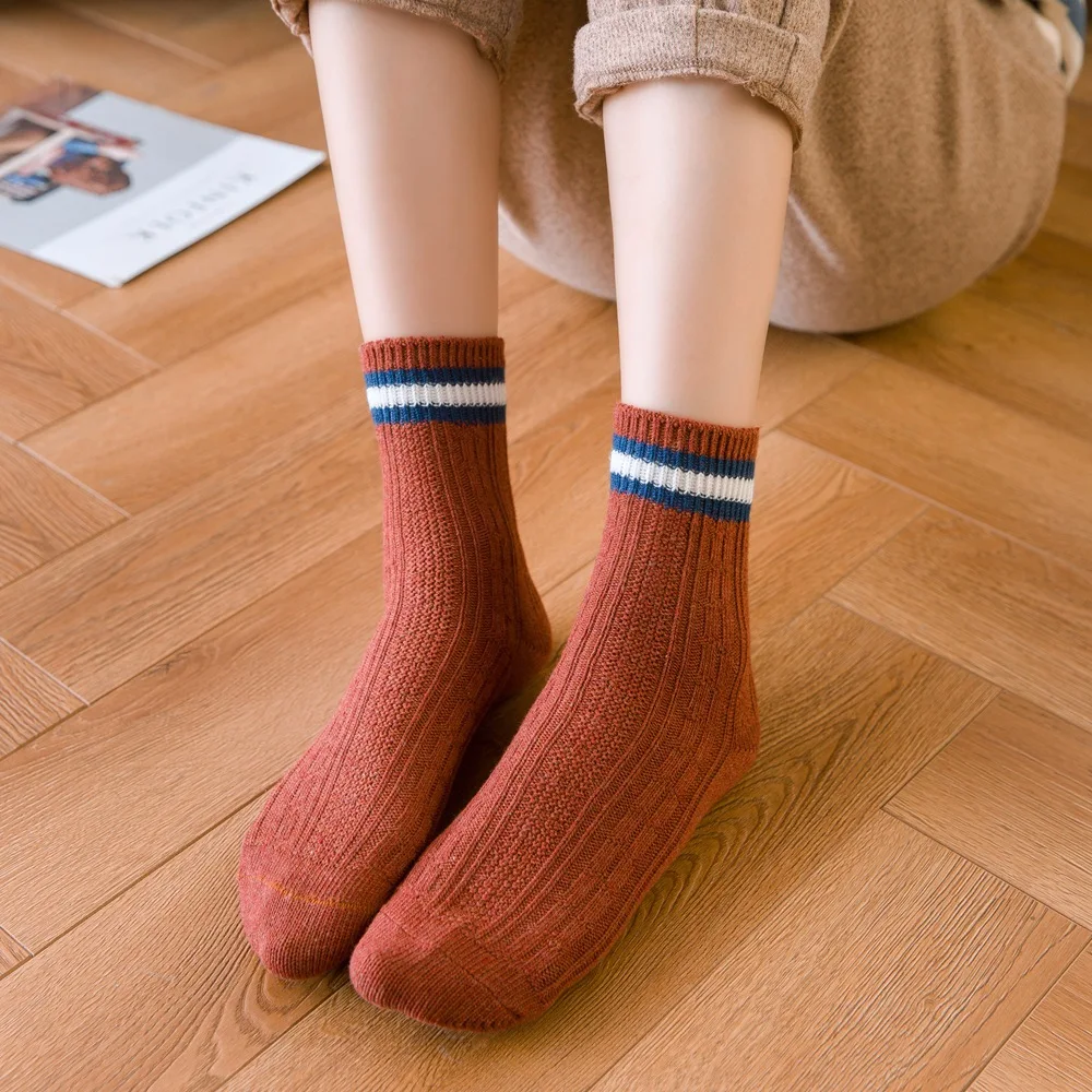 Женские теплые носки зимние утолщенные двойные иглы средней длины хлопковые носки с двумя полосками японский стиль, милый подарок для