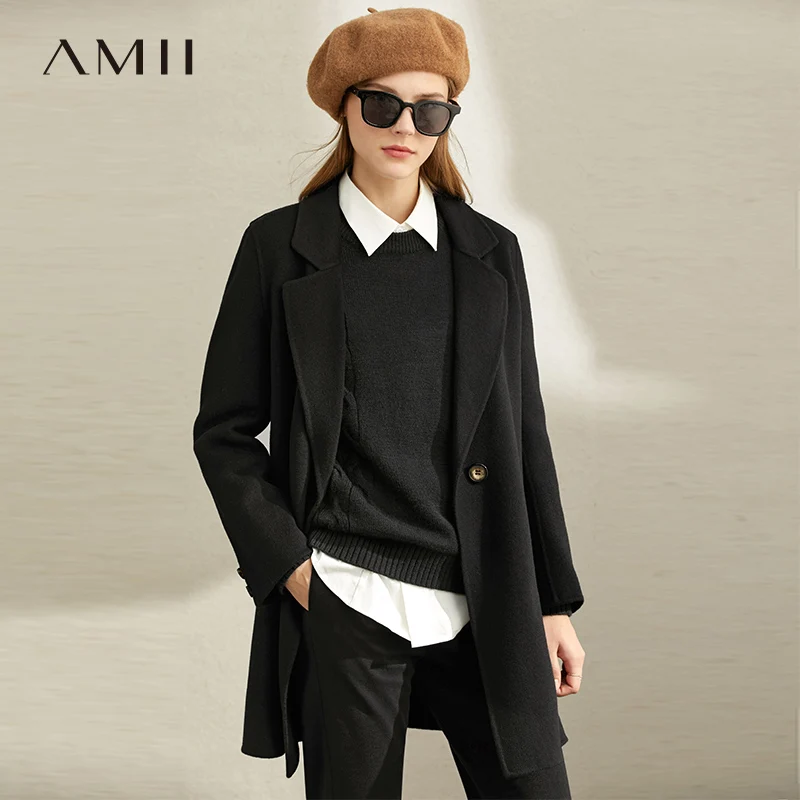 

Amii Minimalist Woolen Coat Winter Women Retro Solid Lapel Loose Elegant Female Woolen Jackets Overcoat 11930361