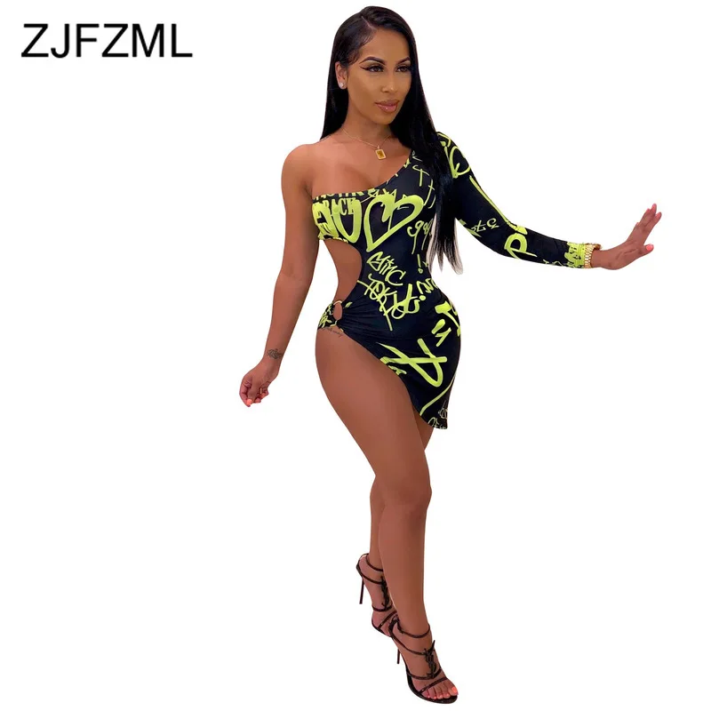 

Neon Letter Printed Hollow Out Sexy Club Dress Women One Shoulder Waist Band Cut Out Mini Dress Backless Irregular Bodycon Dress