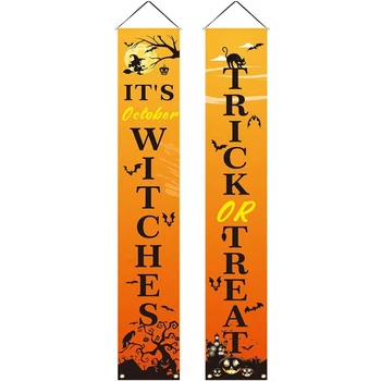 

Halloween Banner Decorations Trick or Treat Porch Signs with Pumpkin Cat Spider Pattern for Gate Garden Home Party