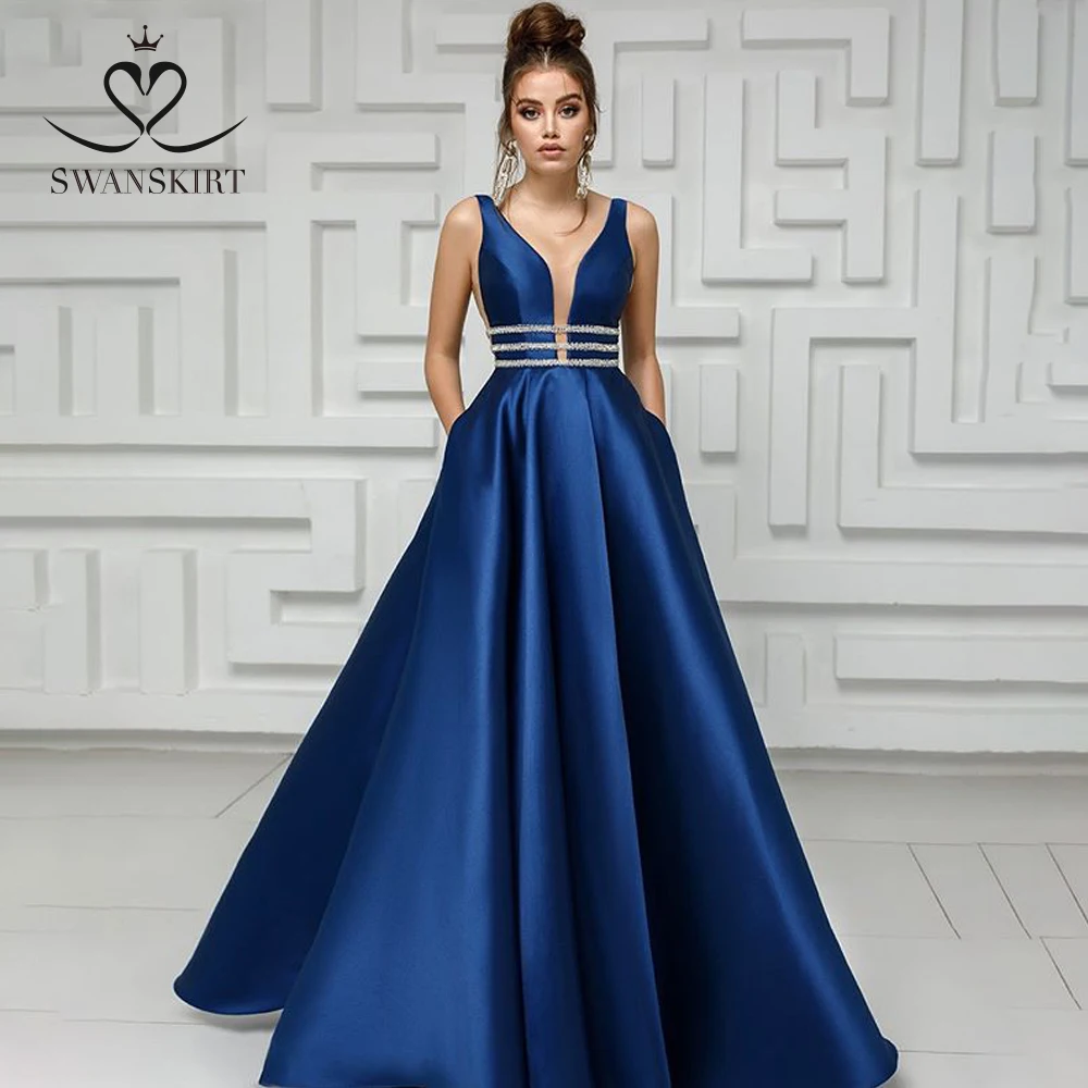 Swanskirt модное свадебное платье трапециевидной формы с v-образным вырезом элегантное атласное свадебное платье без рукавов с кристаллами на заказ Vestido De Noiva K155