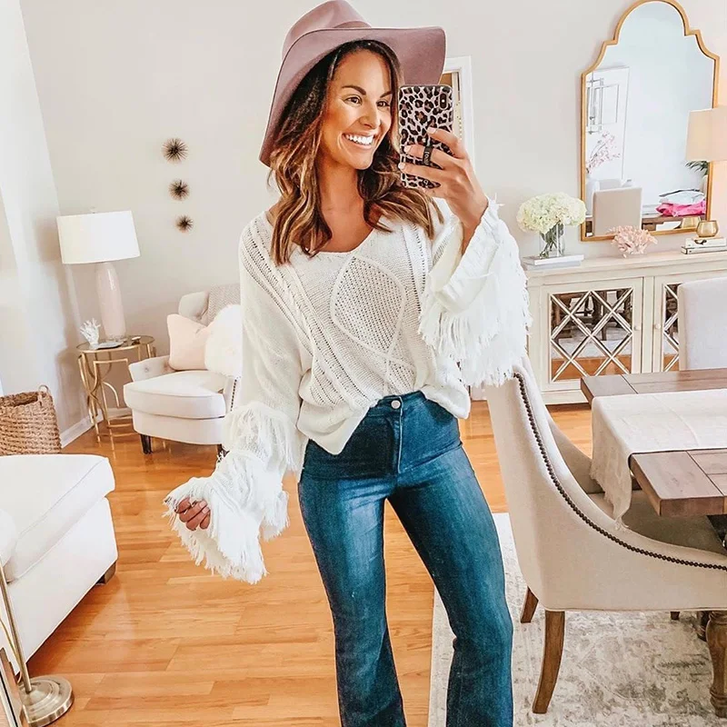 Women's Yellow Sweater with Fringes Warm Fashion Long Sleeve Solid Sweaters Winter Woman Knitting Pullovers Fall 2022 | Женская