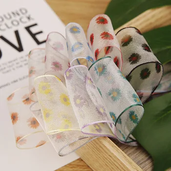 

Hair Bows Accessories Wired Edges Organza Ribbon Tape With Sunflower Daisy Cute Pattern Wedding Gift 1" 1.5" 25 40mm DIYHandmade