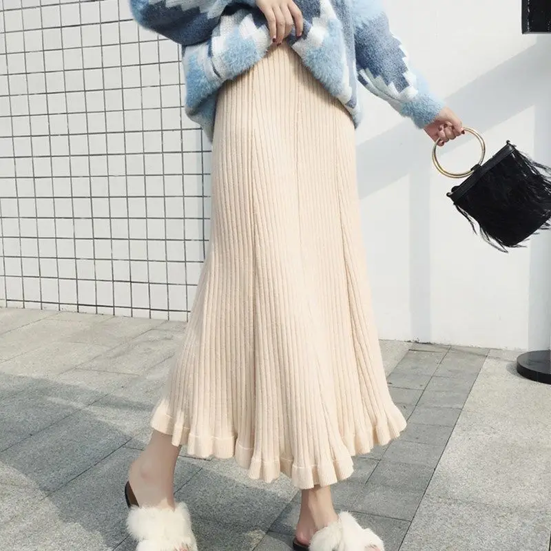 Юбка женская осень-зима новая Корейская версия с высокой талией длинная Плиссированная деревянная юбка с ушками