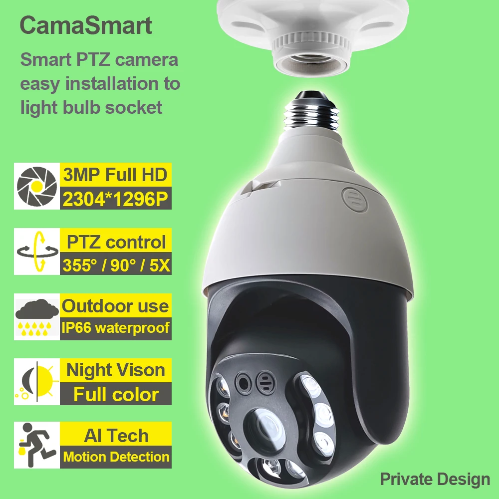 3MP Bulb E27 Connector Ip Camera  Wifi PTZ Waterproof  Digital Zoom Easy Installation For Indoor Or Outdoor Use Ycc365plus