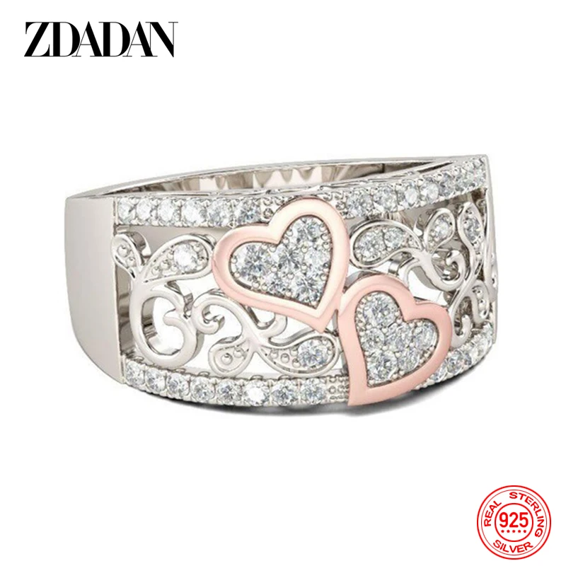 ZDADAN 925 Sterling Silver Heart CZ Rings for Women Wedding Jewelry