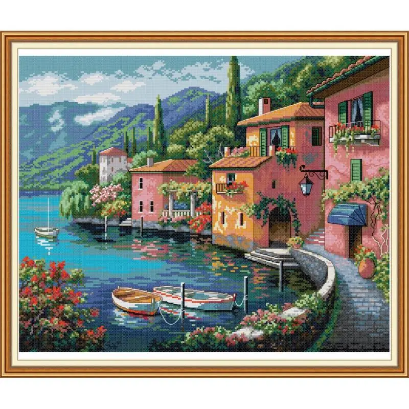 Joy Sunday Cross Stitch Kit Colorful House By The Water Patterns 14CT 11CT Print Cross Stitch Handmade Embroidery Needlework Set cross stitch kit