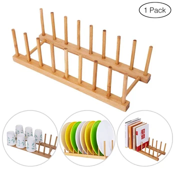 

8 Slots Bamboo Dish Plate Bowl Cup Book Pot Lid Cutting Board Drying Rack Stand Drainer Storage Holder Organizer Kitchen Cabinet