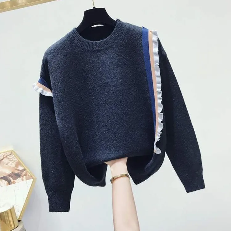 Корейский осенне-зимний женский свитер, пуловеры, вязаные милые свитера с оборками, женская одежда - Цвет: Тёмно-синий