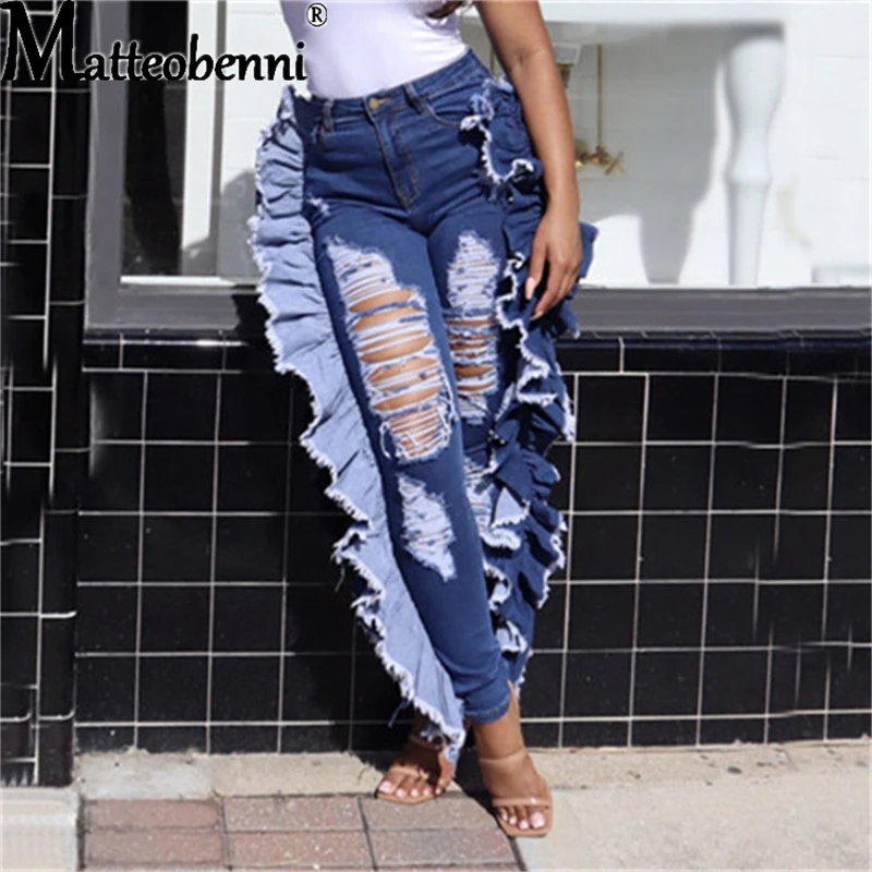 Pantalones vaqueros con volantes para mujer, rasgados de cintura alta con agujeros, informales, Vintage, 2021|Pantalones - AliExpress