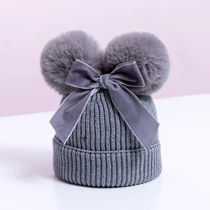 Baby Double Pompom Hat Velvet Bow Winter Girls Warm Knit Thicker