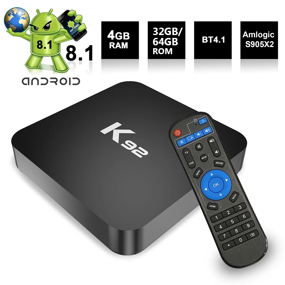 Смарт ТВ бокс K92 Android 8 1 S905X2 64 бит 2 4G/5G WiFi UHD 4K VP9 H.265 4 Гб DDR4 32 ГБ/64 EMMC TV Box|ТВ-приставки и